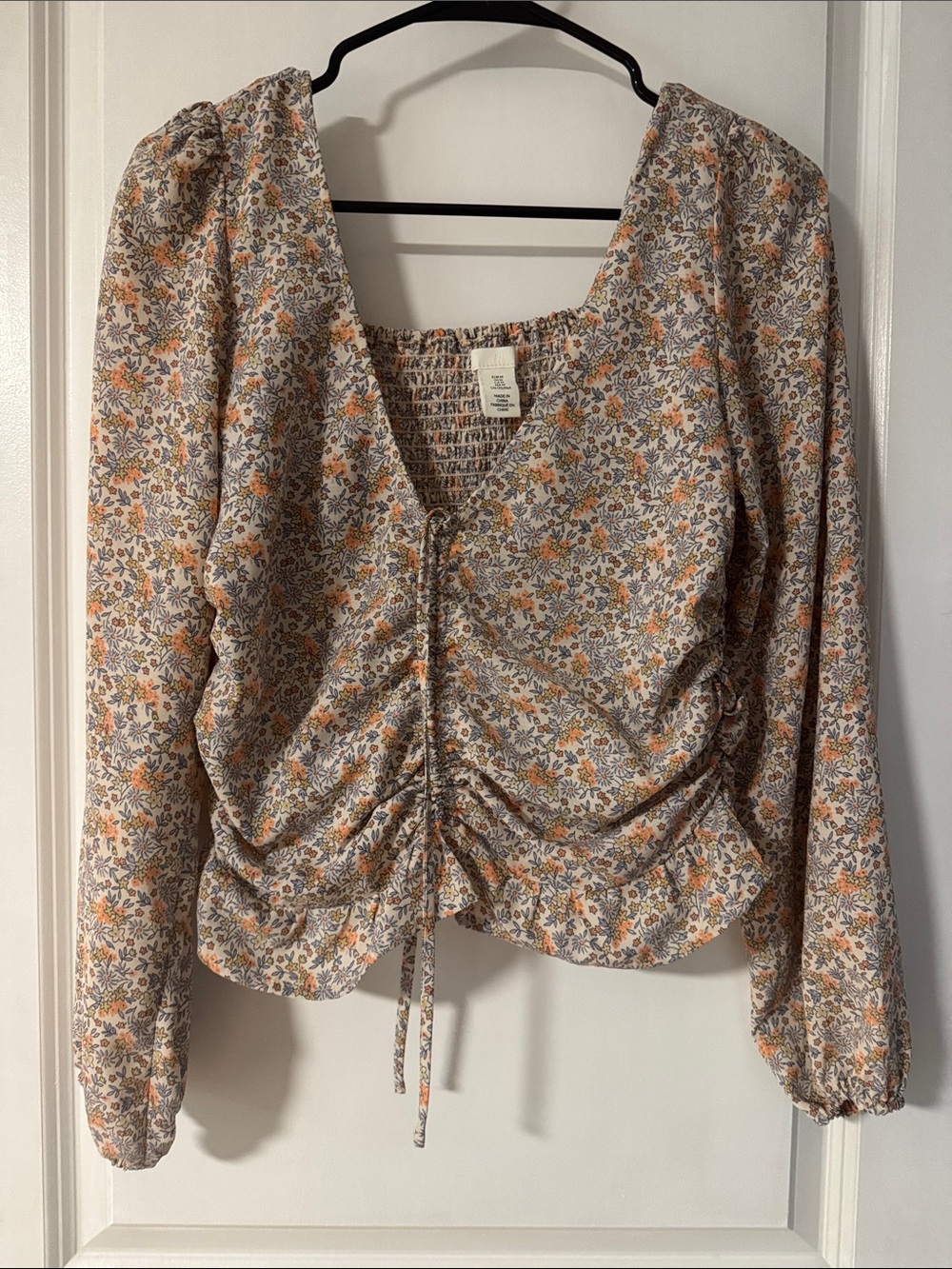 H&M Floral Drawstring Peasant Top - Cream, Orange & Blue